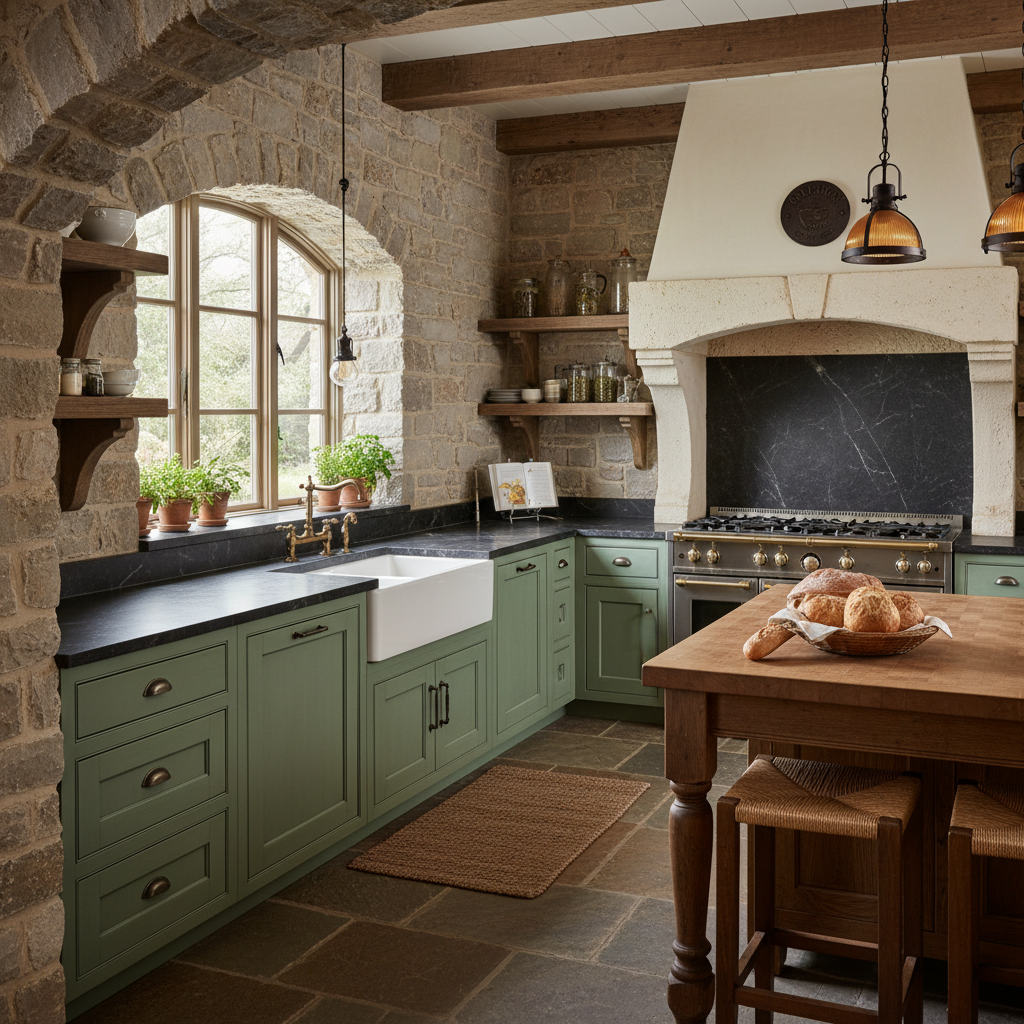 Completed Old World Stone kitchen with soapstone counters and sage cabinetry for the Callahan family project