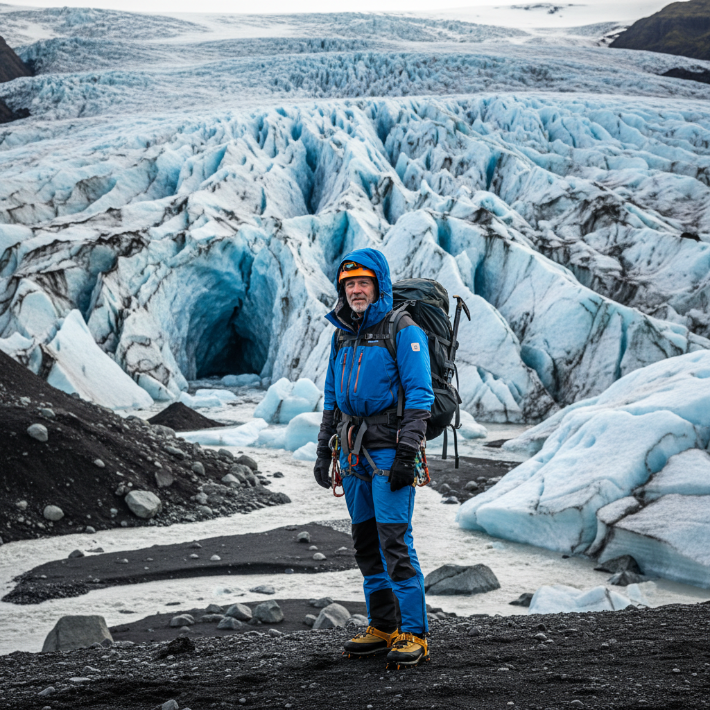 Sigríður Magnússon, Icelandic glacier guide, wearing crampons on blue ice surface