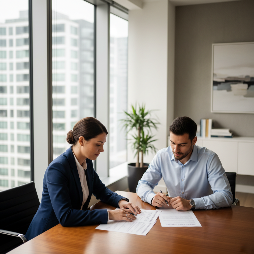 Professional insurance consultation in St. Maarten office with advisor and client reviewing documents
