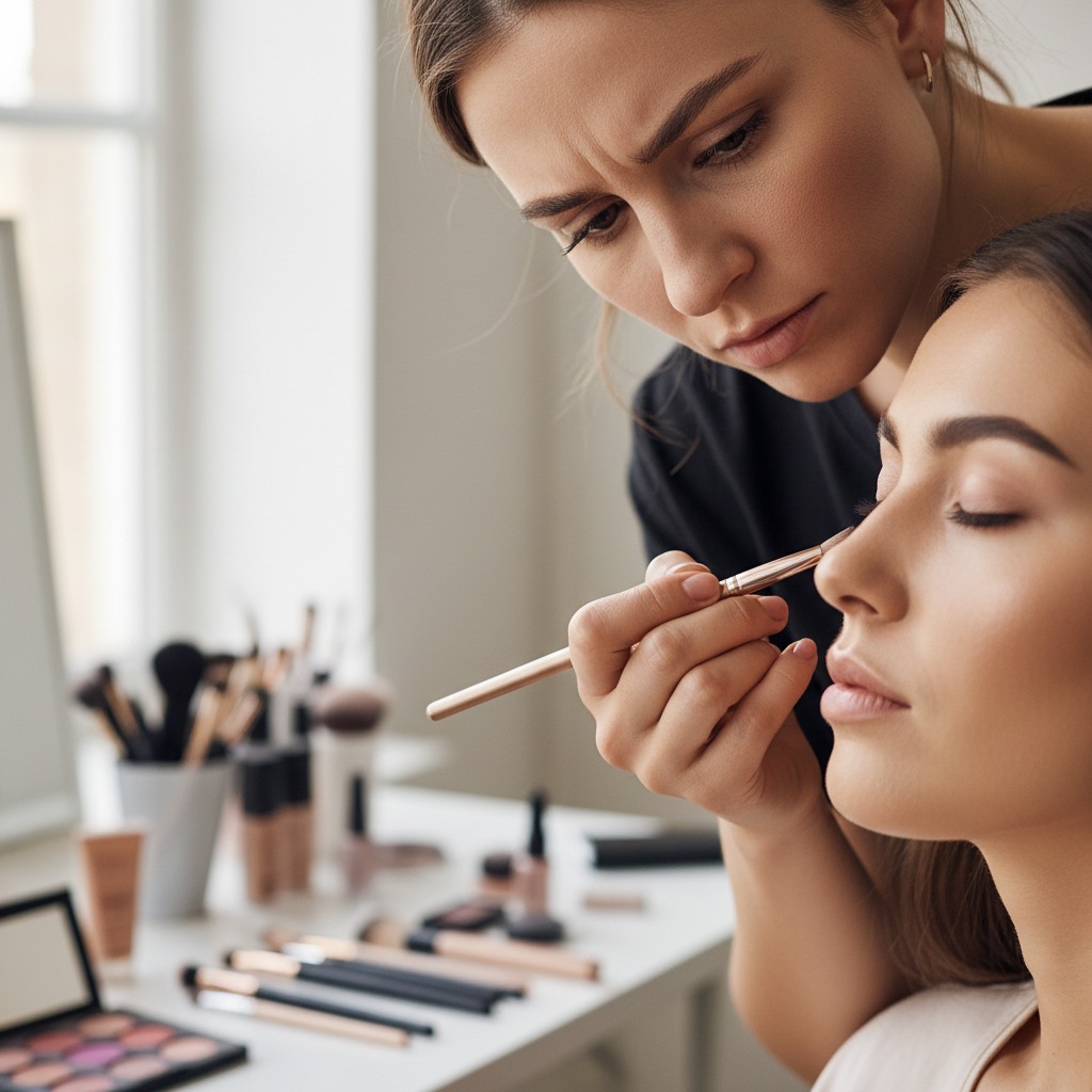 Professional makeup application with brushes and luxury cosmetics