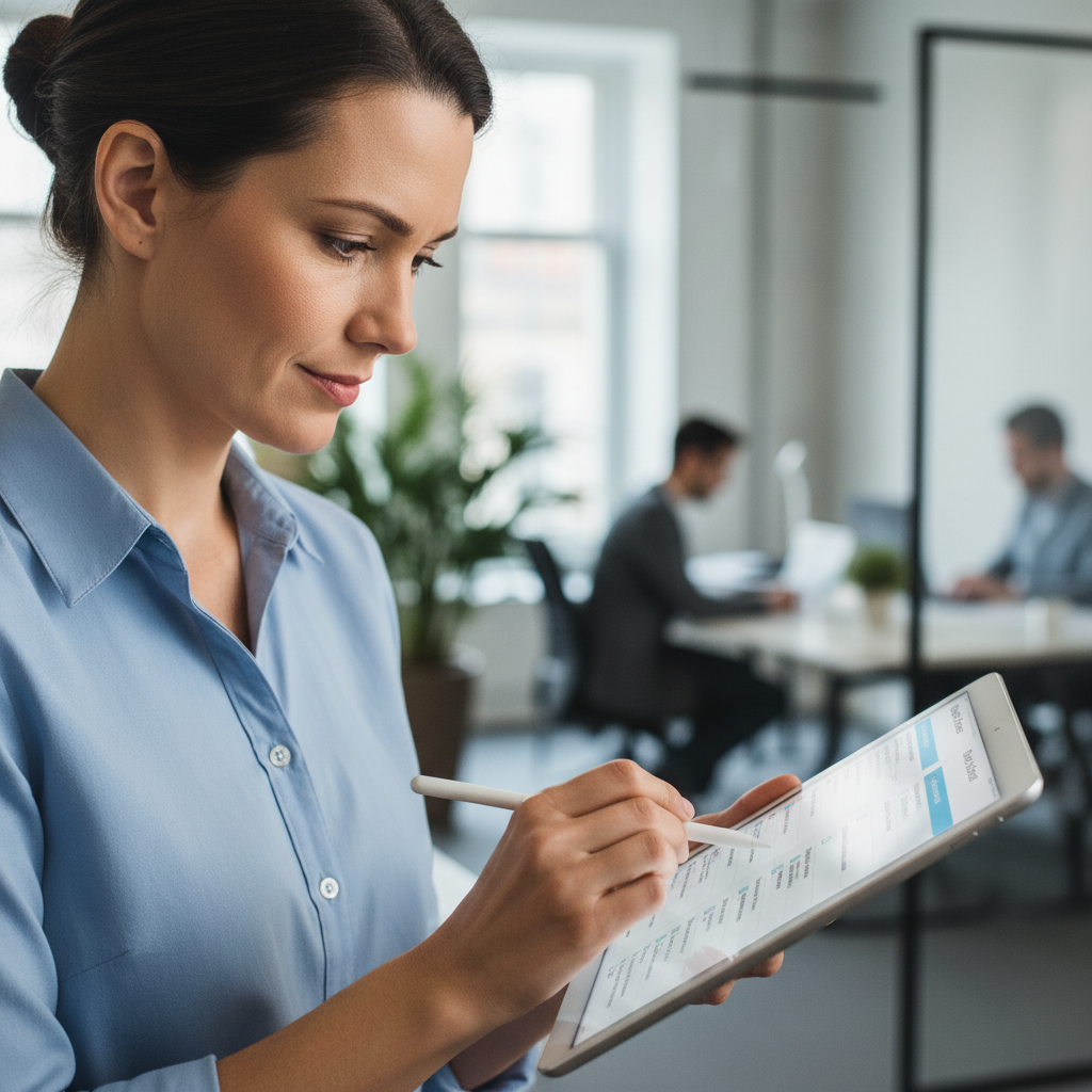 Project manager reviewing completed punch list on tablet in newly arranged office space