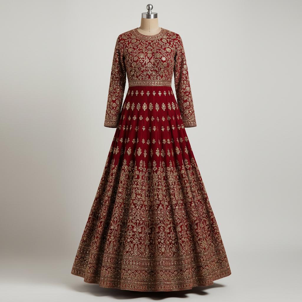Ivory white anarkali suit with gold embroidery details on a model, warm festive lighting