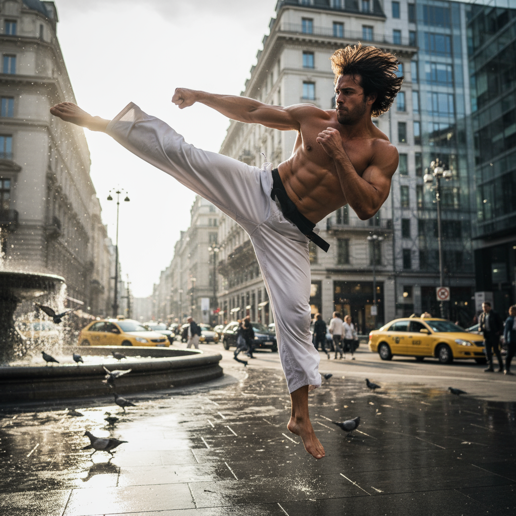 Kickboxer executing powerful high kick in training hall, dynamic action shot