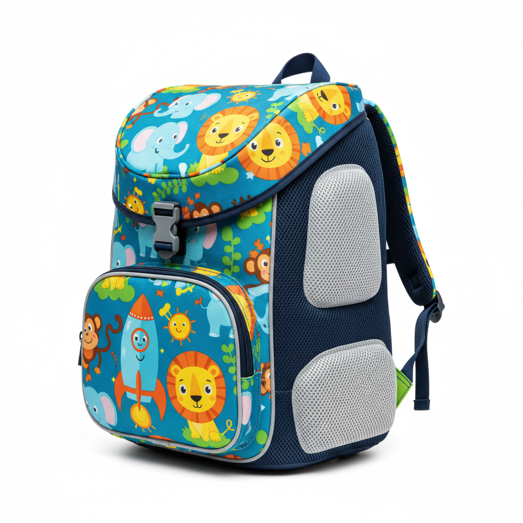 Colorful cartoon-printed kids school bag on light background
