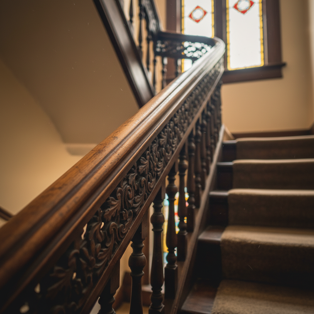 Close-up of a narrow Victorian staircase in a Toronto heritage home with ornate wooden banister