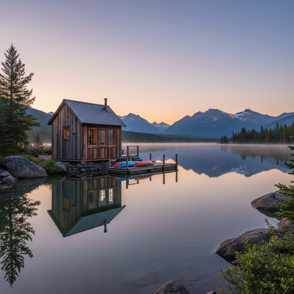 Hand-built tiny house at the edge of a glacial lake with kayaks on the dock at dusk