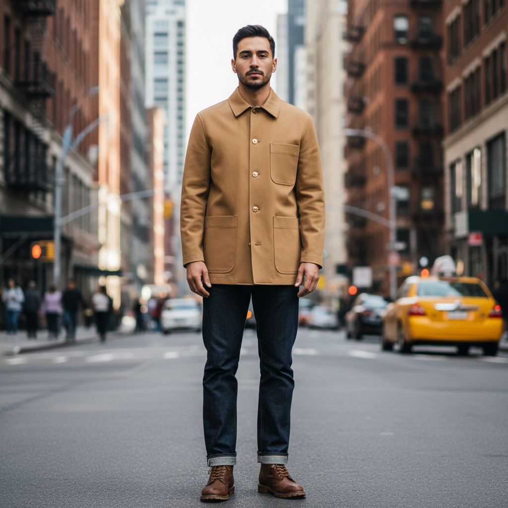 Long structured coat in camel tone, model in clean urban setting, overcast daylight