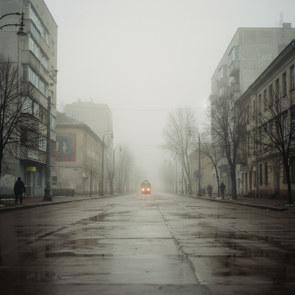 Grey urban street scene in Eastern Europe on a foggy winter morning
