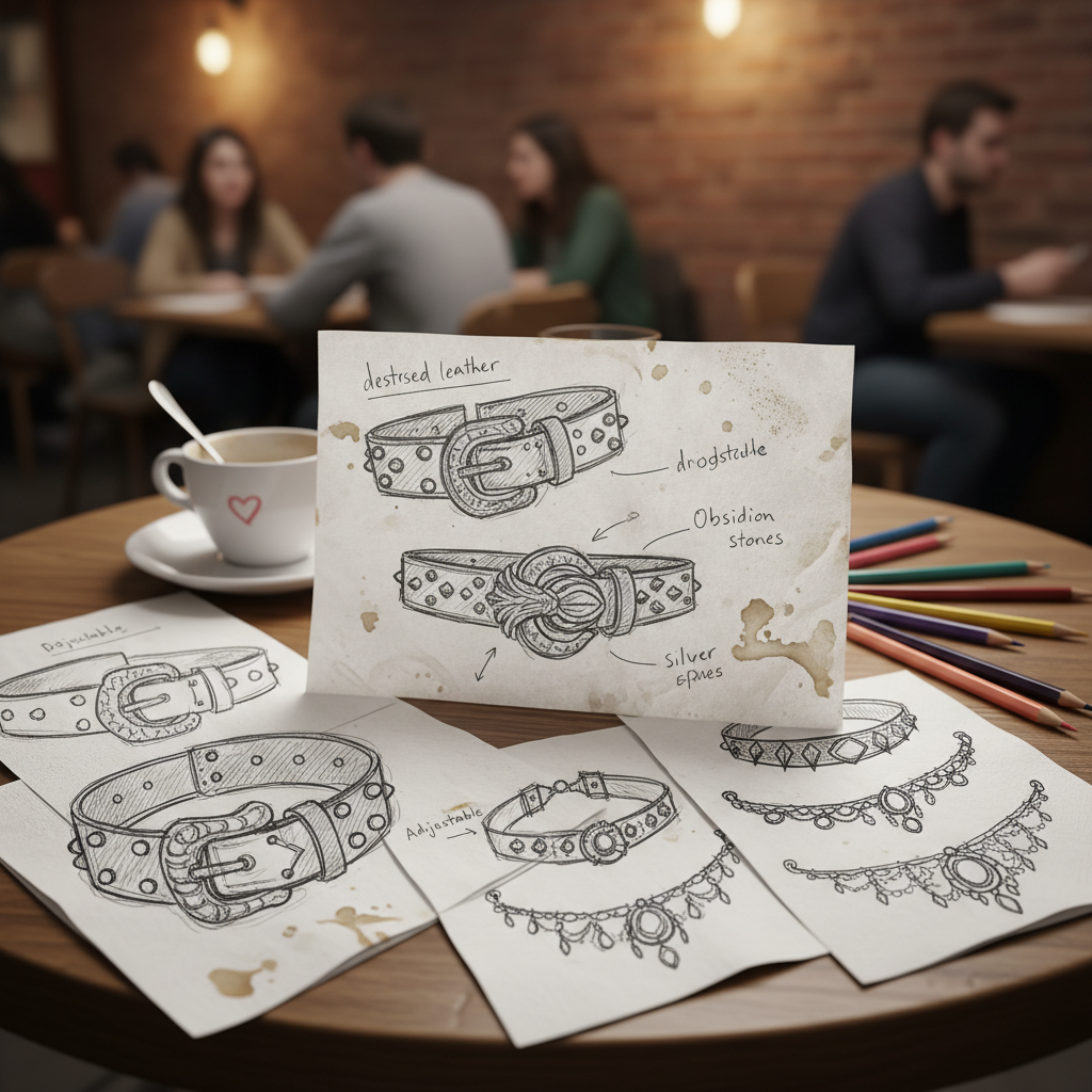 Hand-scrawled design sketches on napkins showing belt and choker designs