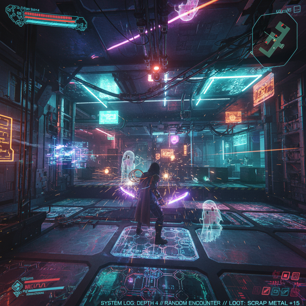 Cyberpunk roguelike dungeon crawler with neon lighting and procedurally generated corridors