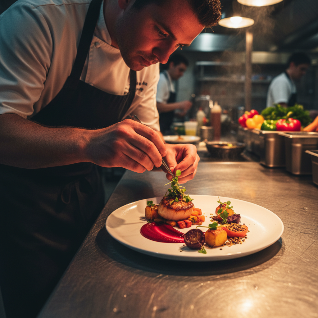 World-class chef in professional kitchen preparing an elaborate dish