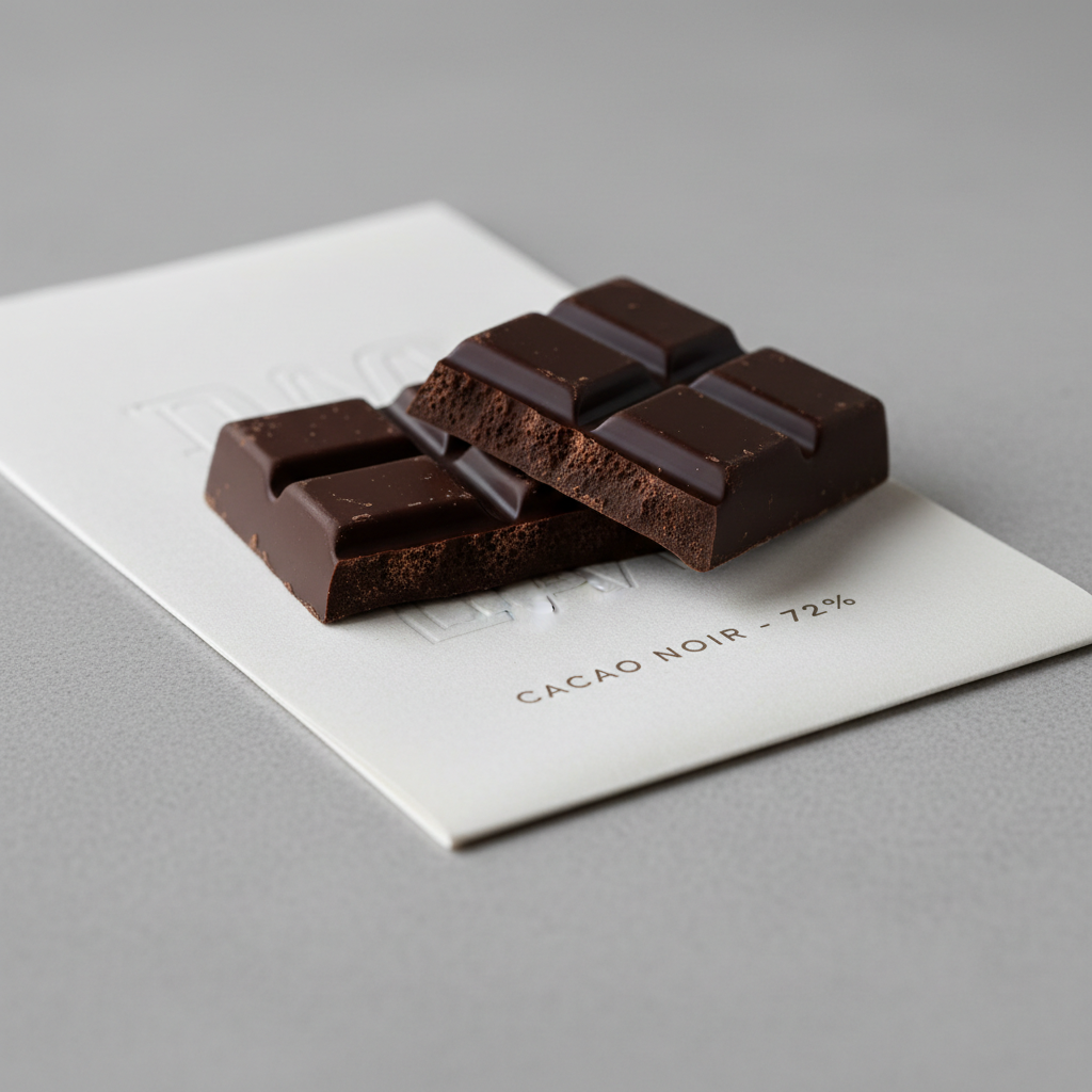 Dark chocolate bar broken to reveal glossy snap, gold foil wrapper on textured linen