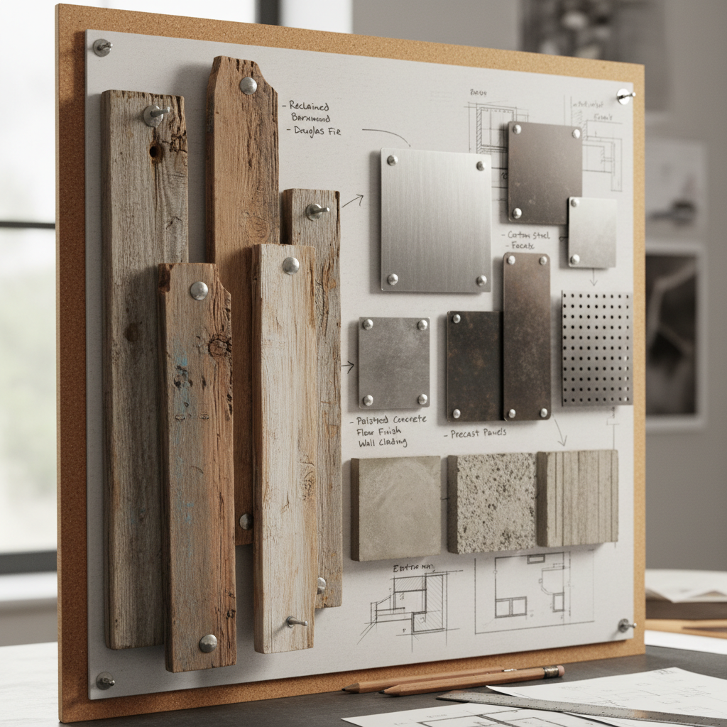 Material sample board with concrete tile, weathered steel, and raw timber swatches