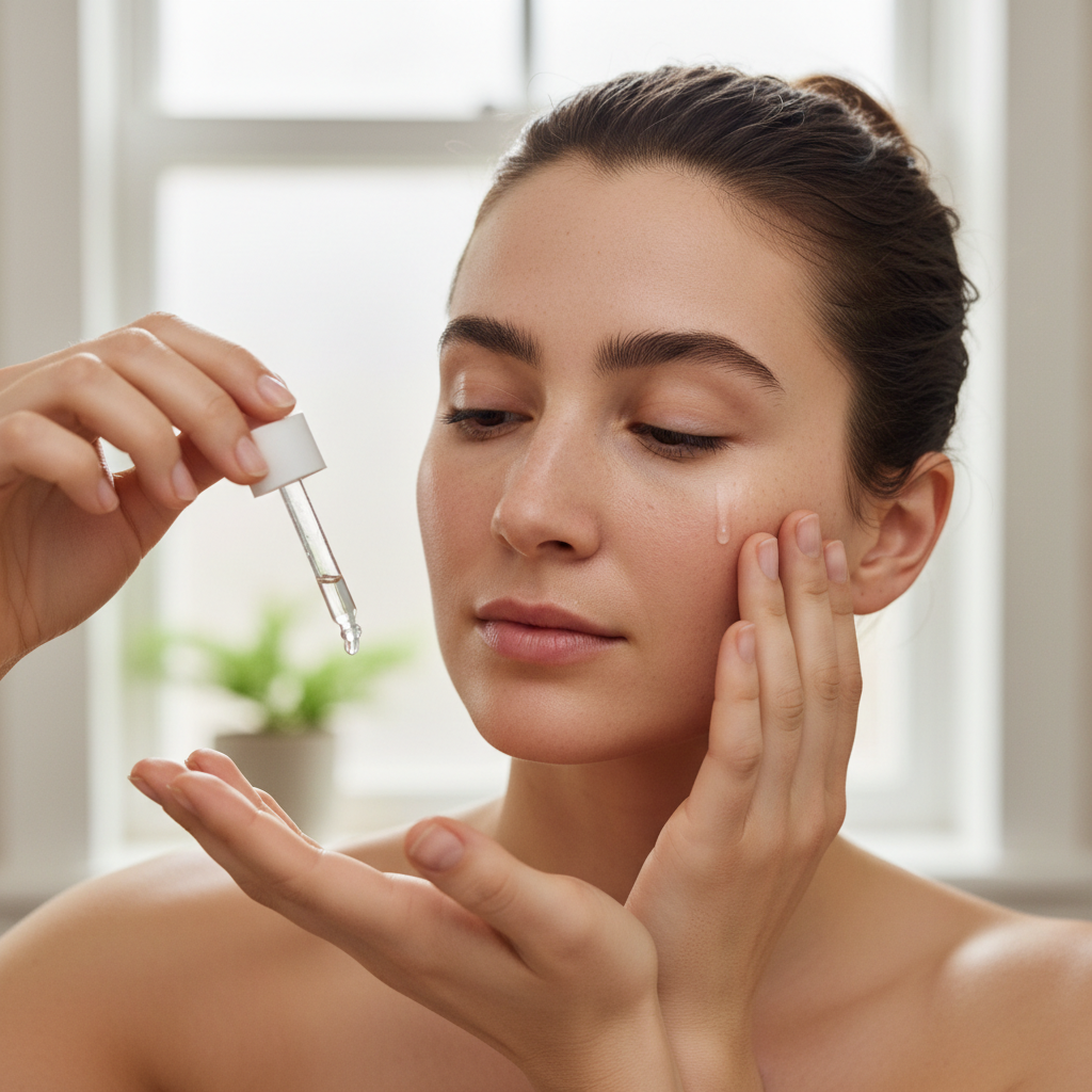 Woman applying face serum, glowing healthy skin, soft diffused natural light
