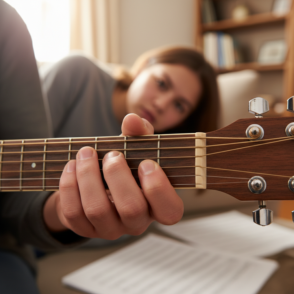 Close-up of music teacher's hands demonstrating finger position on a guitar fretboard, student leaning in behind with shallow depth of field