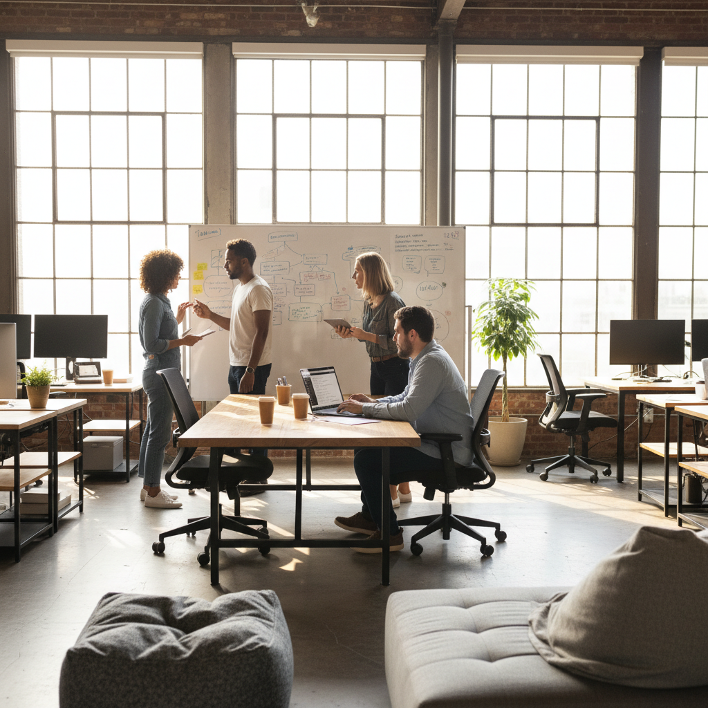 Startup team in a bright modern office space collaborating around a whiteboard
