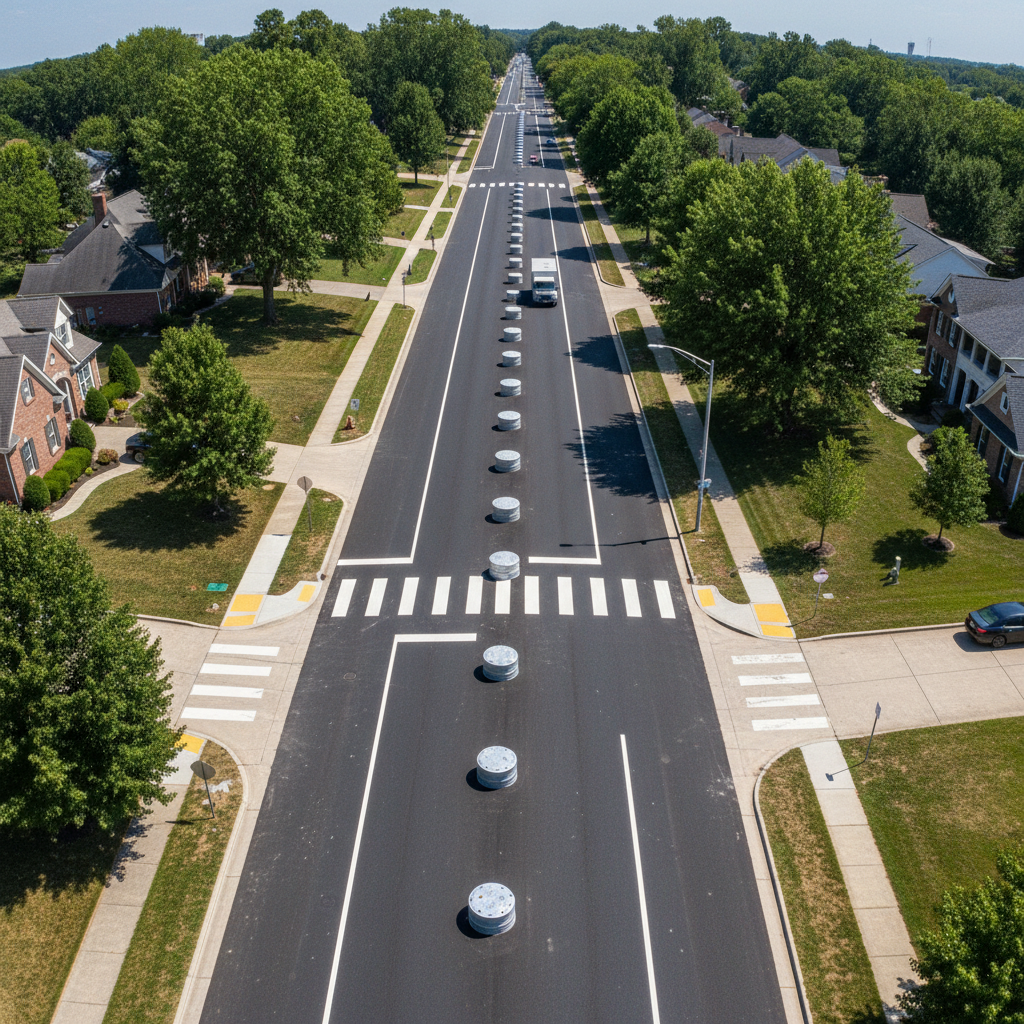 Aerial view of completed pipeline corridor with restored street surface and valve covers visible