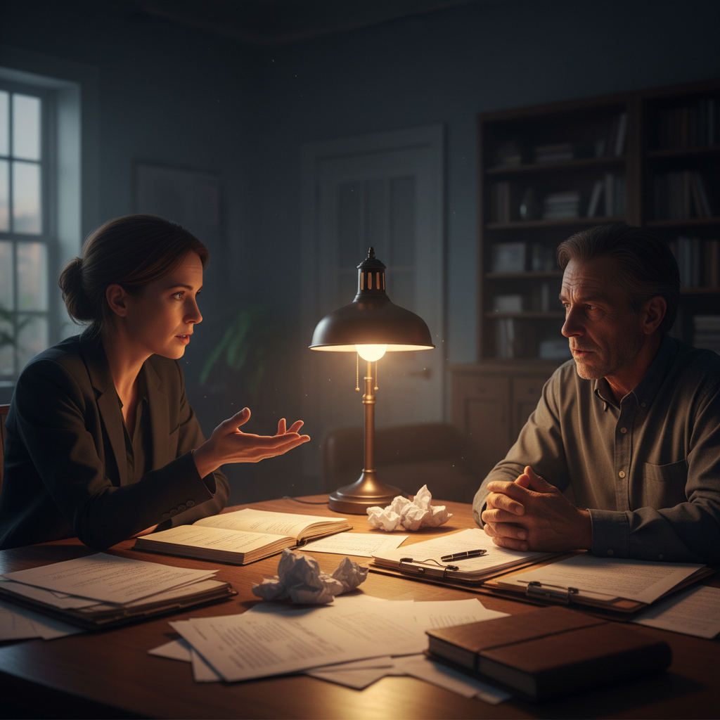 Journalist interviewing a source in a dimly lit room, hands mid-gesture over a table of documents