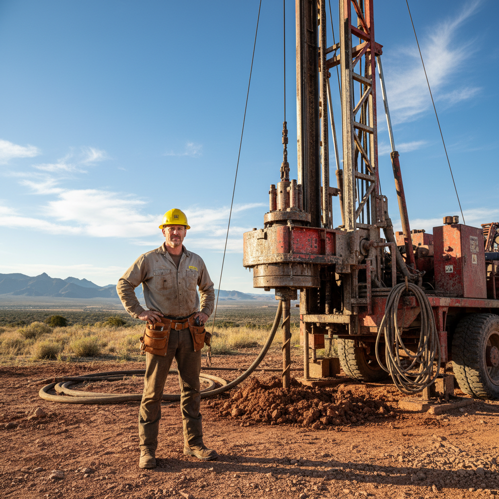 Ray Thibodaux, master well driller, wearing hard hat at a drill site