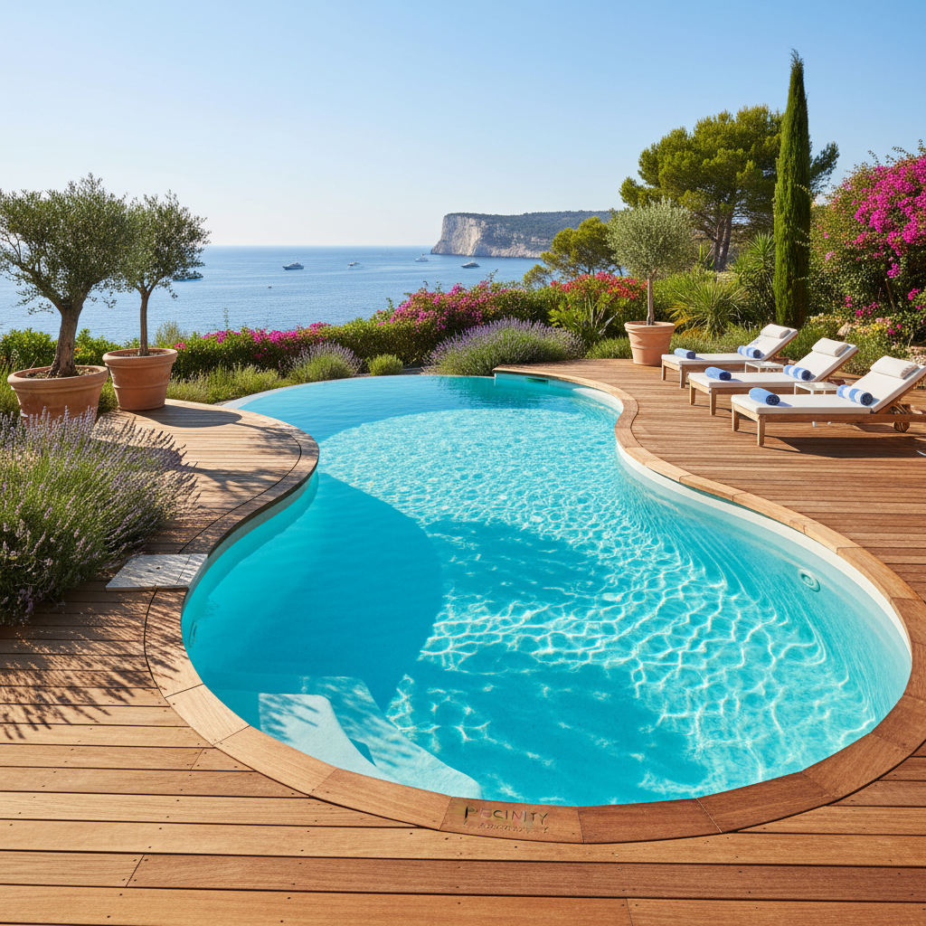 Piscine coque Port Pin réalisée par Piscinity, eau turquoise, terrasse bois, jardin méditerranéen