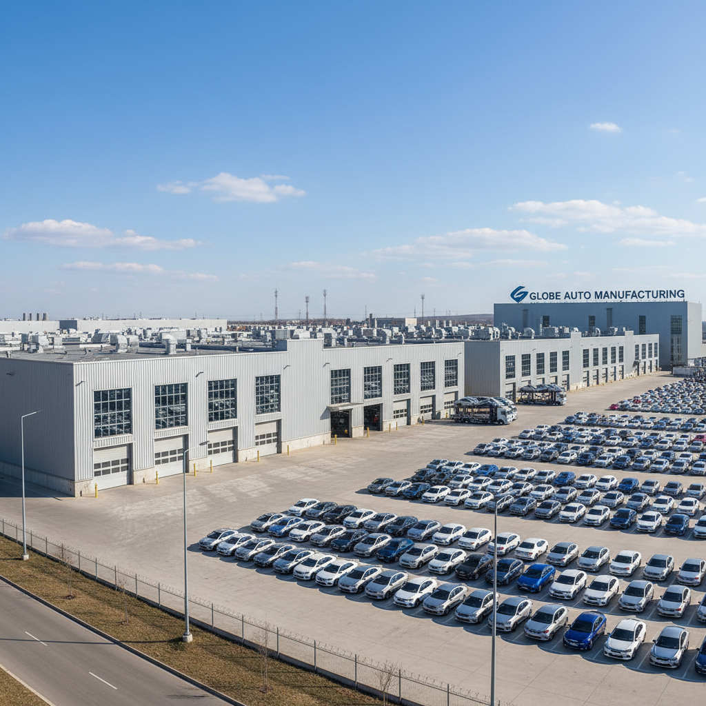 Aerial view of a large automotive assembly plant with rows of vehicles on the production line, industrial manufacturing facility