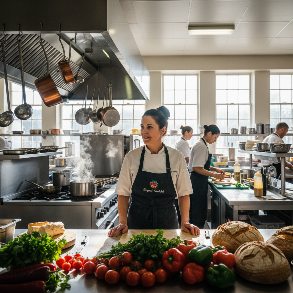 Chef Isabelle Marchetti arranging a seasonal menu in a sunlit open kitchen with fresh herbs and copper pots visible in background