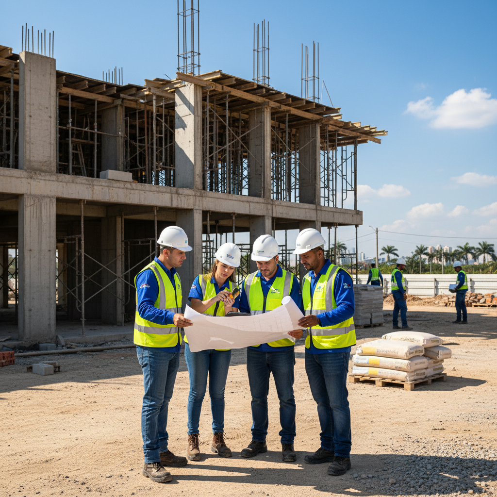 Equipe técnica da Viva Casa Brasil inspecionando construção residencial em andamento, com andaimes e estrutura de concreto ao fundo