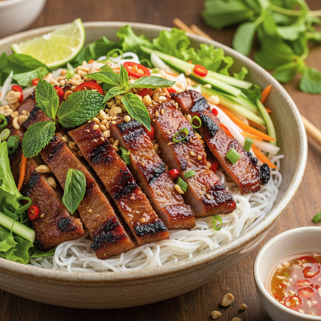 Bowl of bun thit nuong with charcoal grilled pork fresh herbs and vermicelli