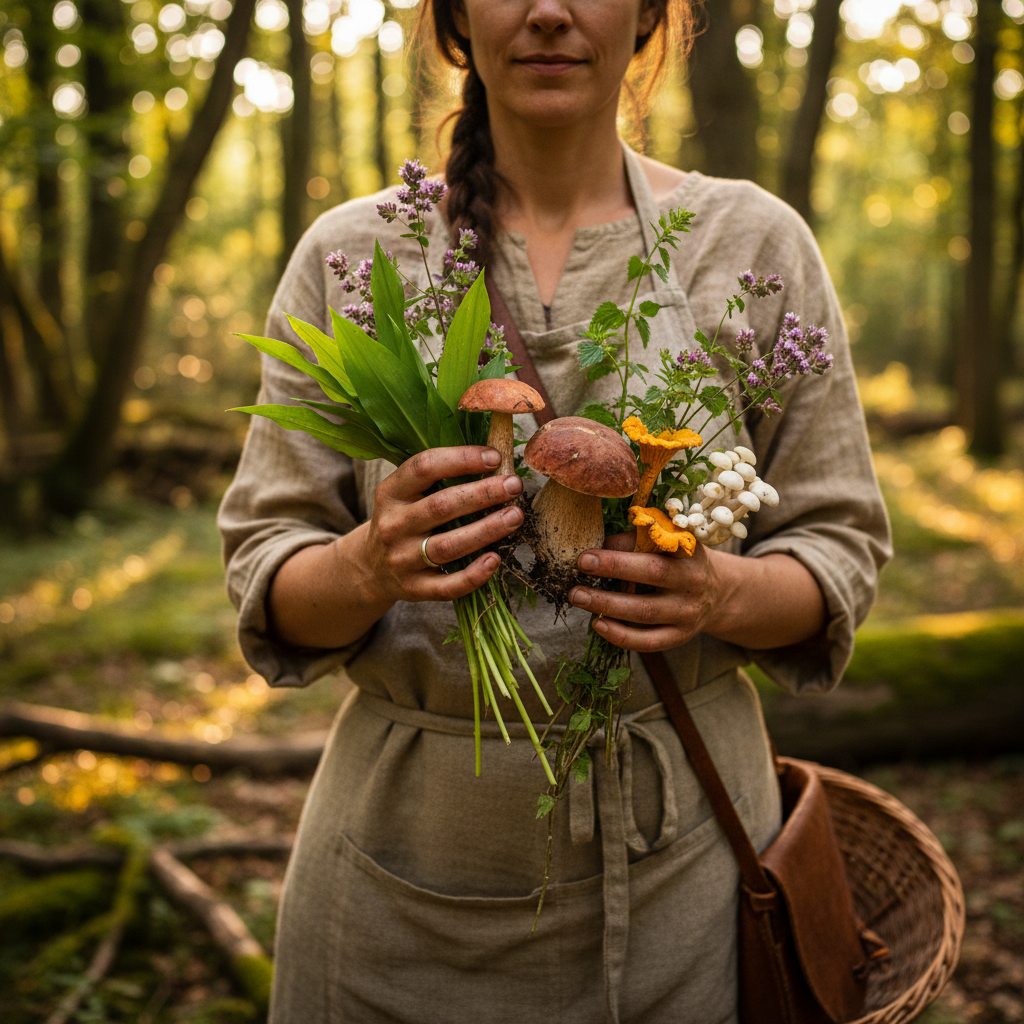 Foraging in woodland — hands picking wild herbs and mushrooms