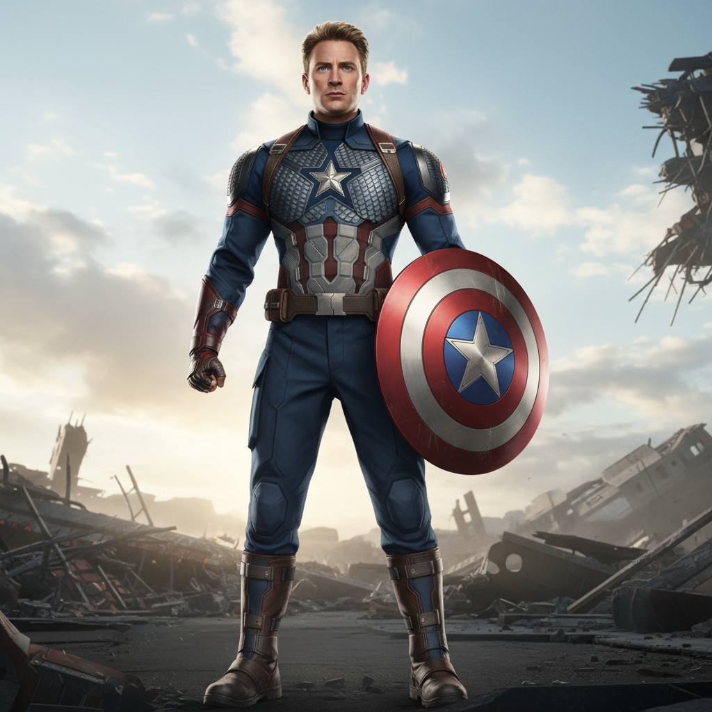 Captain America Endgame action figure in classic blue suit with vibranium shield in heroic display