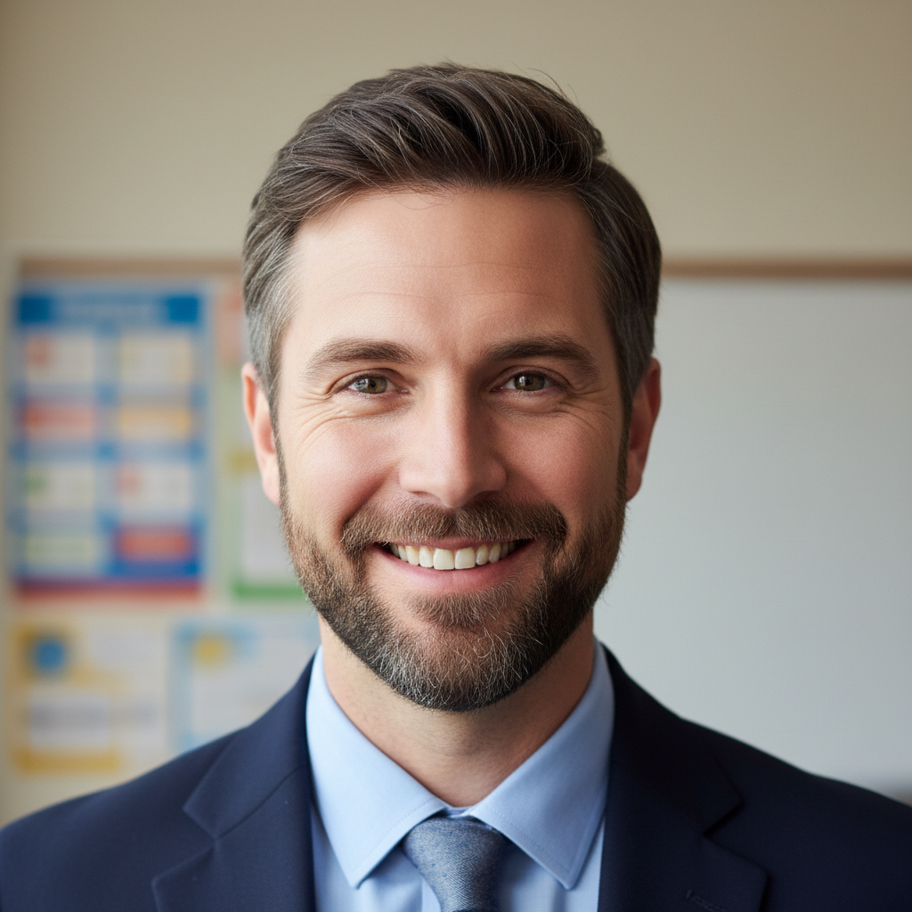 Male teacher portrait, formal navy suit, warm smile, professional office background