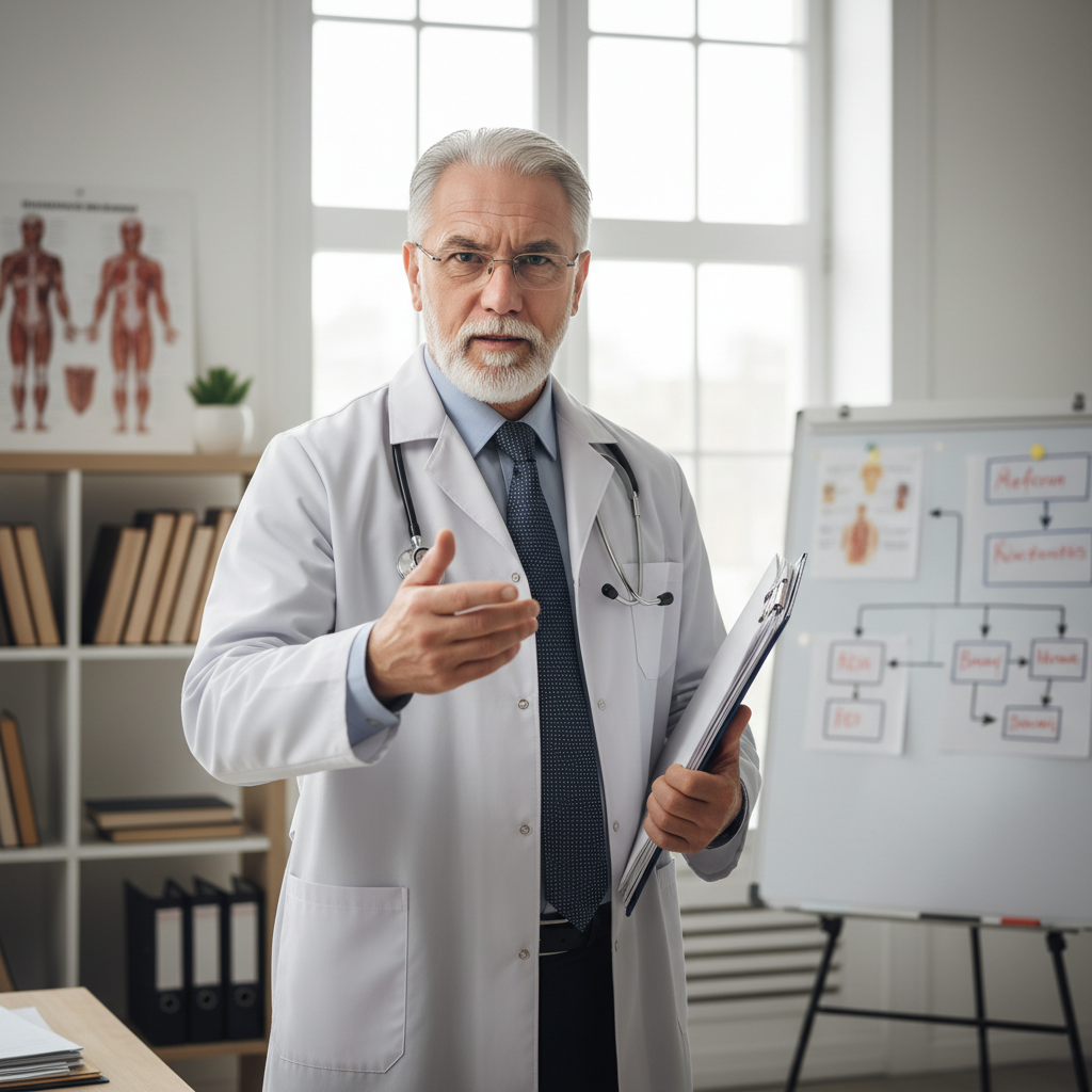 Male doctor in white coat with professional background in medical clinic