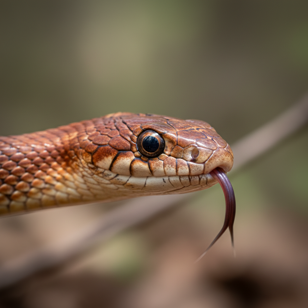 Corn snake head portrait, deep russet scales and round pupils, forked tongue extended