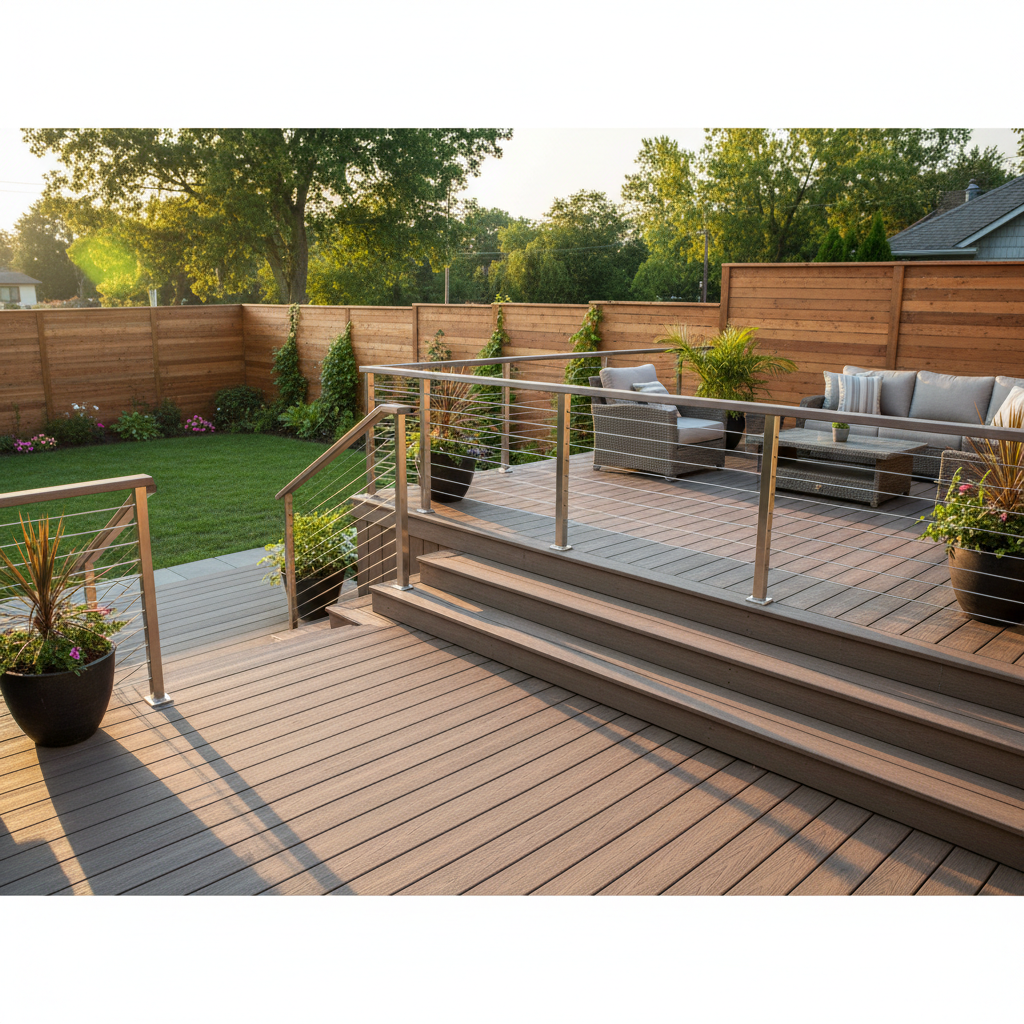 Completed multilevel composite deck with stainless steel cable railing at golden hour, real backyard with cedar fence visible