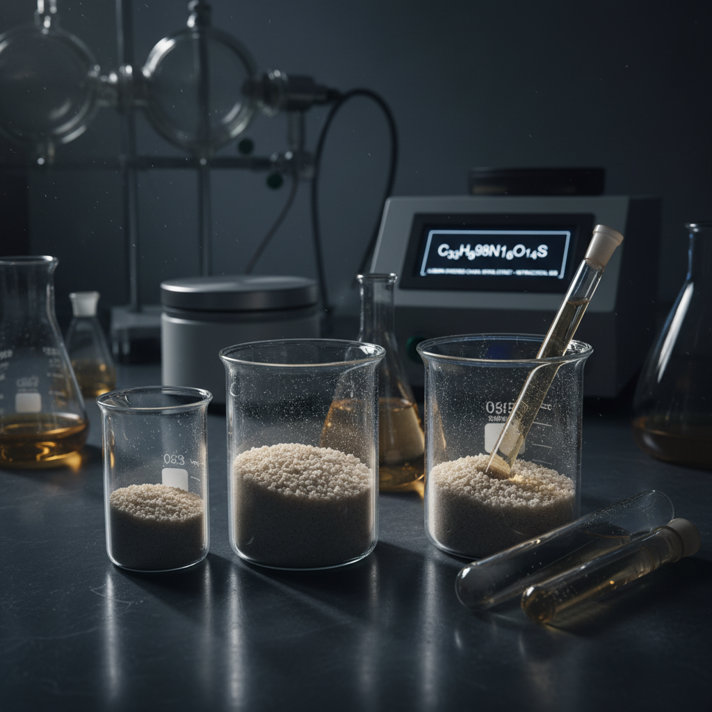 Laboratory powder ingredient in scientific glassware — dim lit research environment with deep shadows representing albumin-enriched Channa striata snakehead fish extract for nutraceutical B2B applications