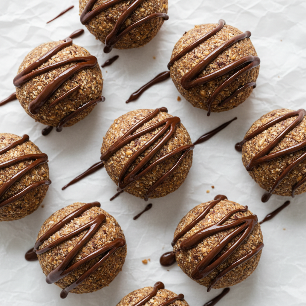 Bright overhead of chocolate almond butter fat bomb balls on parchment paper, clean white background