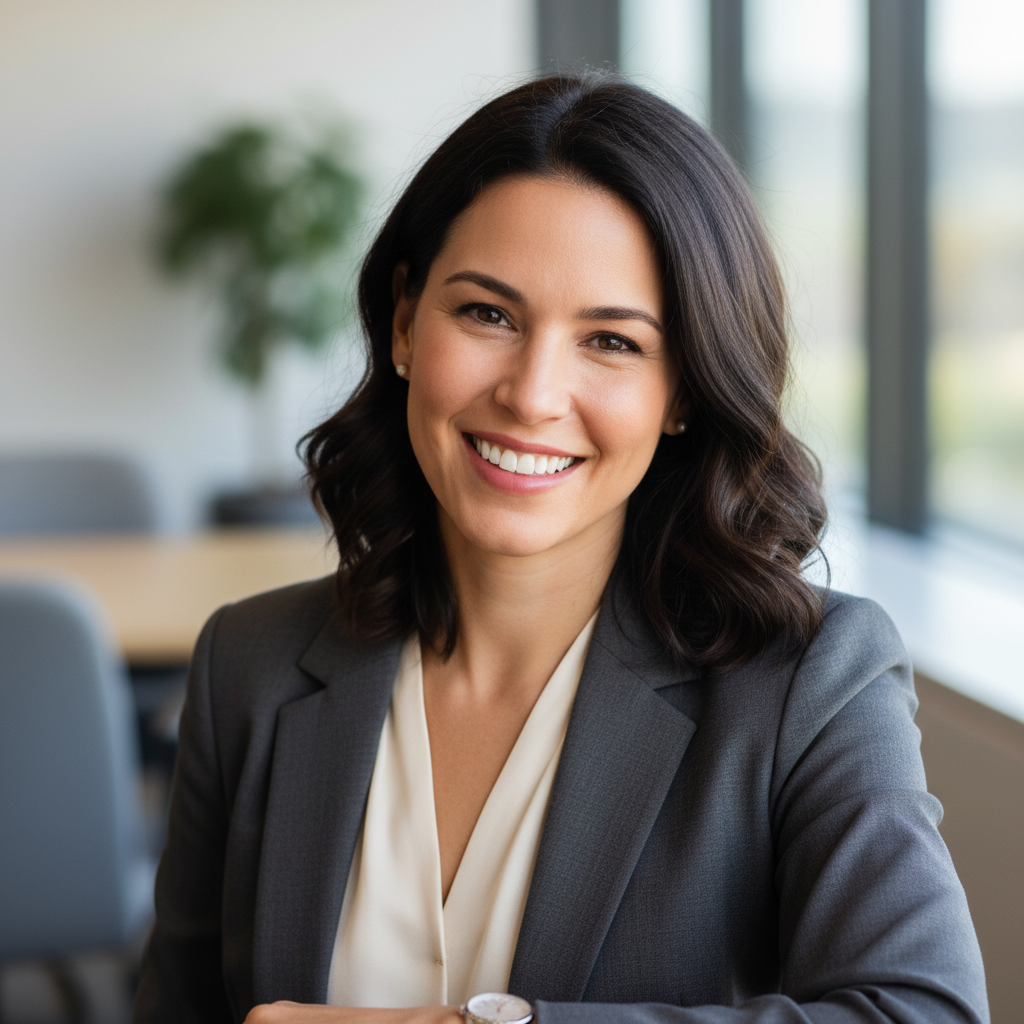 Portrait of Priya Sharma, smiling woman with dark hair in professional attire against light background