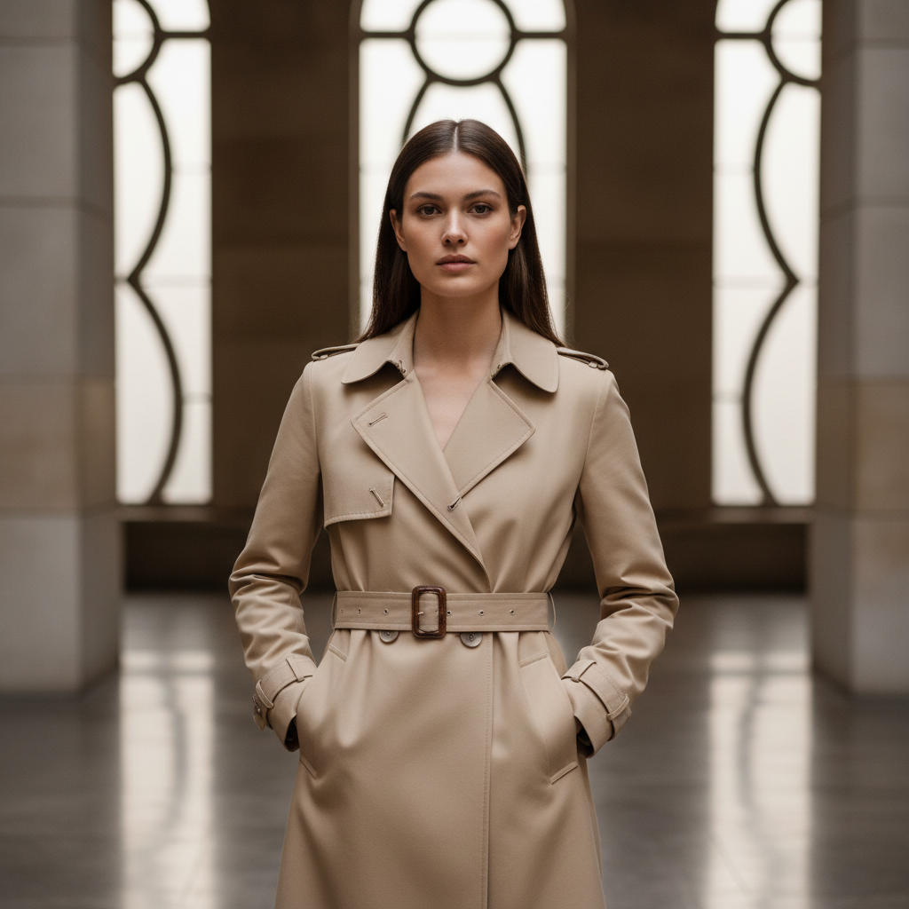 Luxury structured trench coat, model in bright studio, clean white background, editorial fashion photography