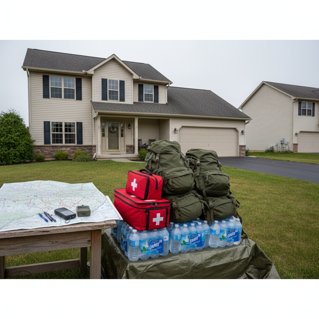 Suburban house with emergency supplies packed near front door and map on table