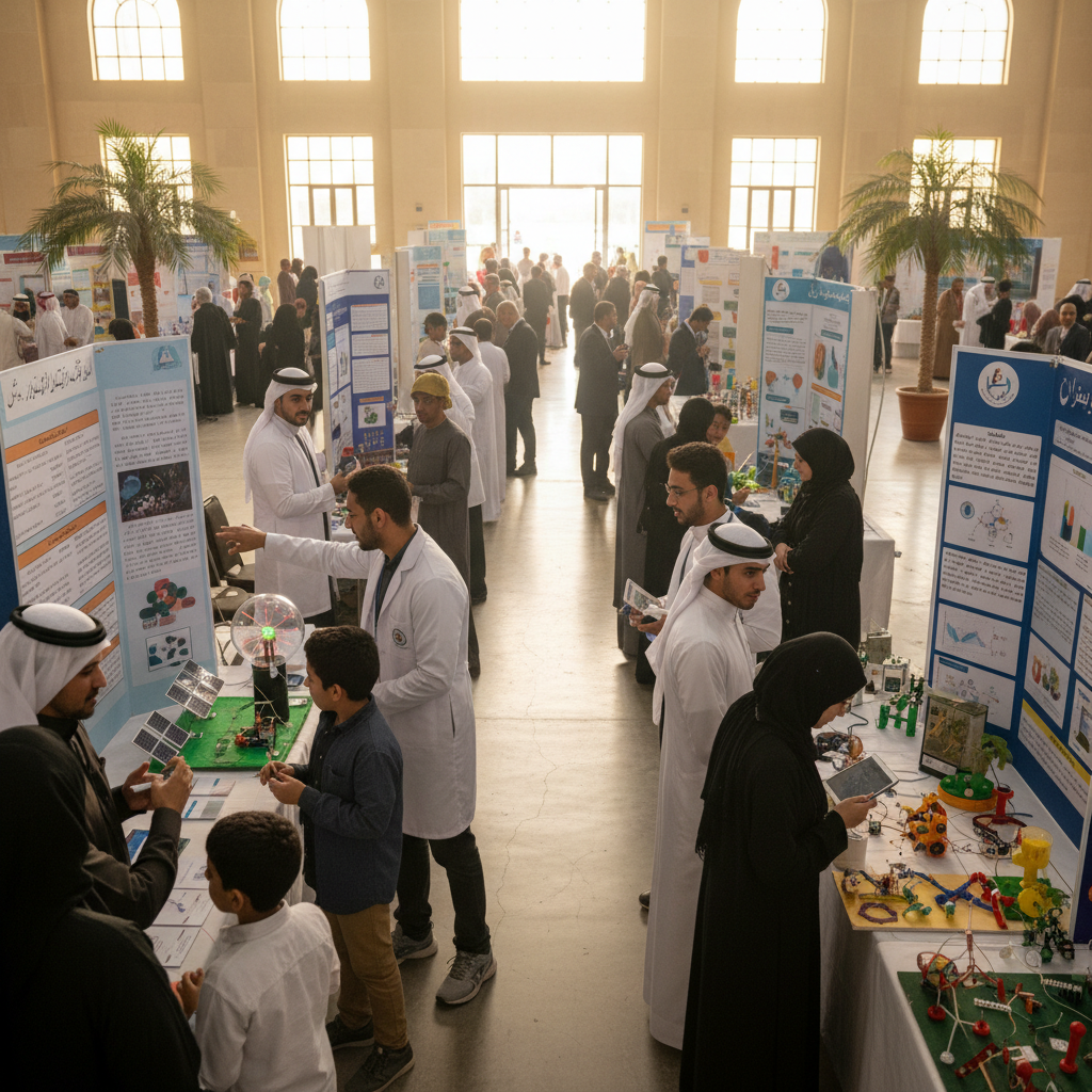 Diverse group of volunteers helping students at science fair with experiments and projects