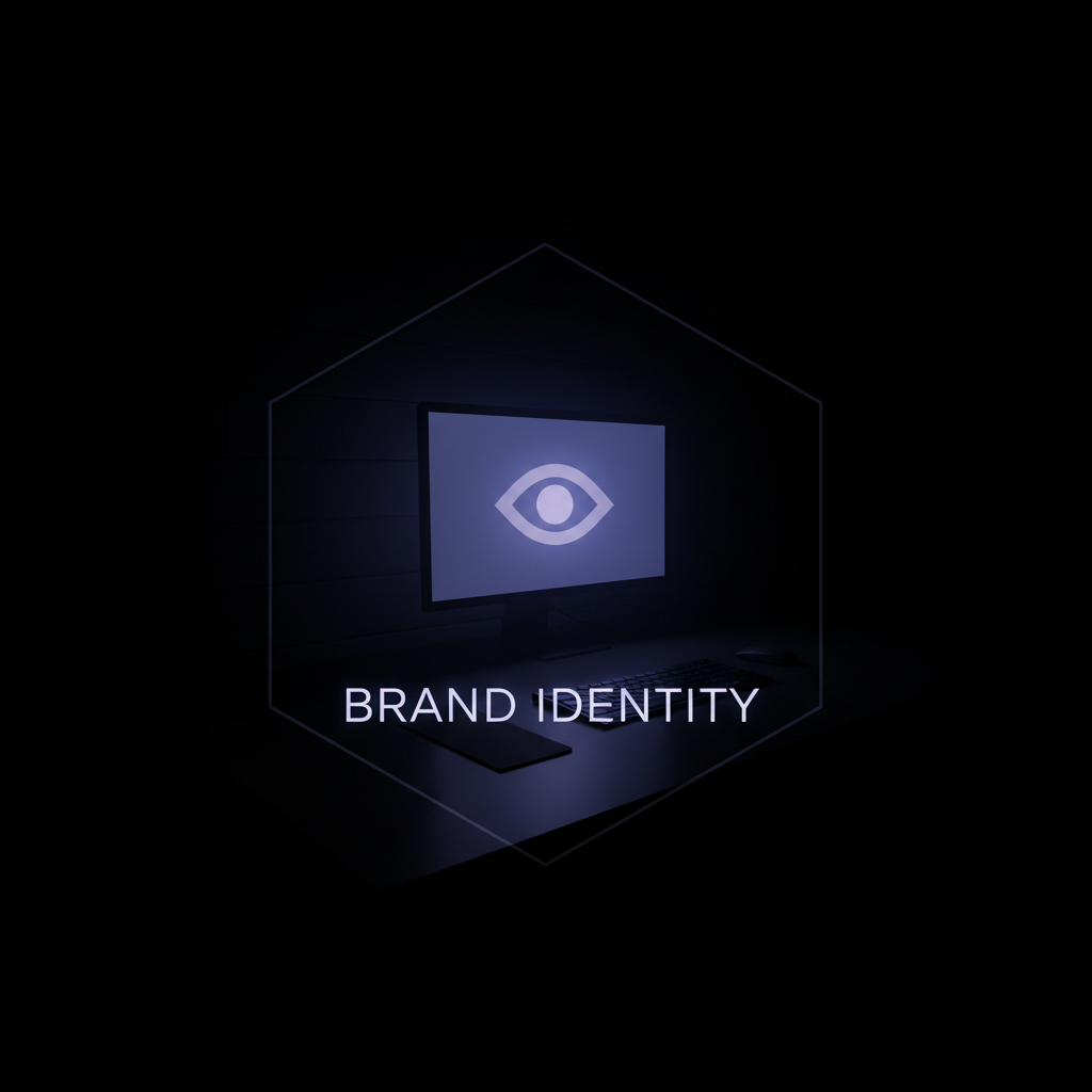 Designer working on brand identity in dimly lit studio, dark moody atmosphere, monitor glow