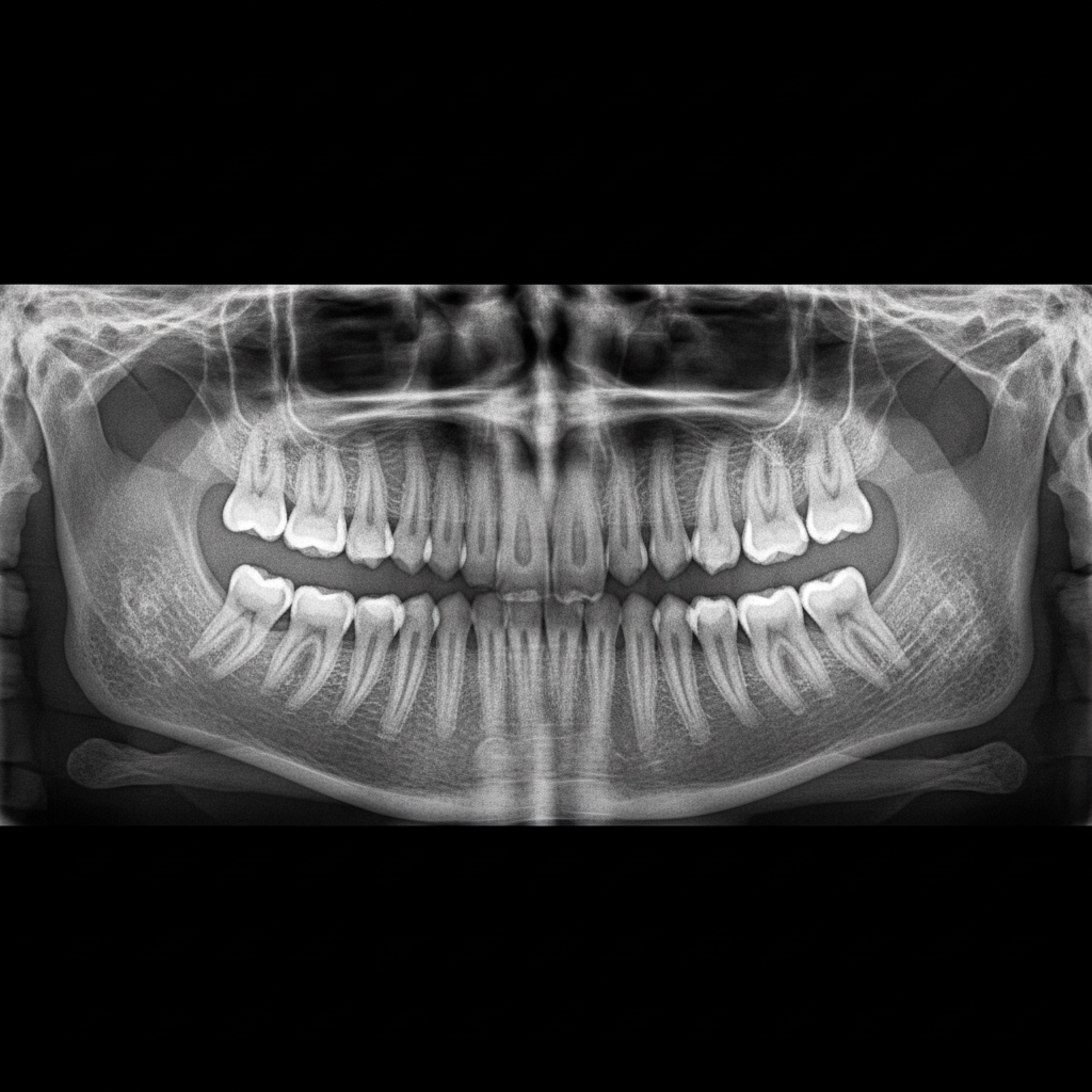 Raw panoramic dental radiograph with no diagnostic markup showing unanalyzed X-ray