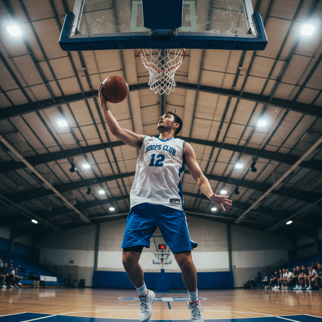 Basketball player mid-layup shot from below, sweat catching gymnasium light, rec-league jersey slightly wrinkled