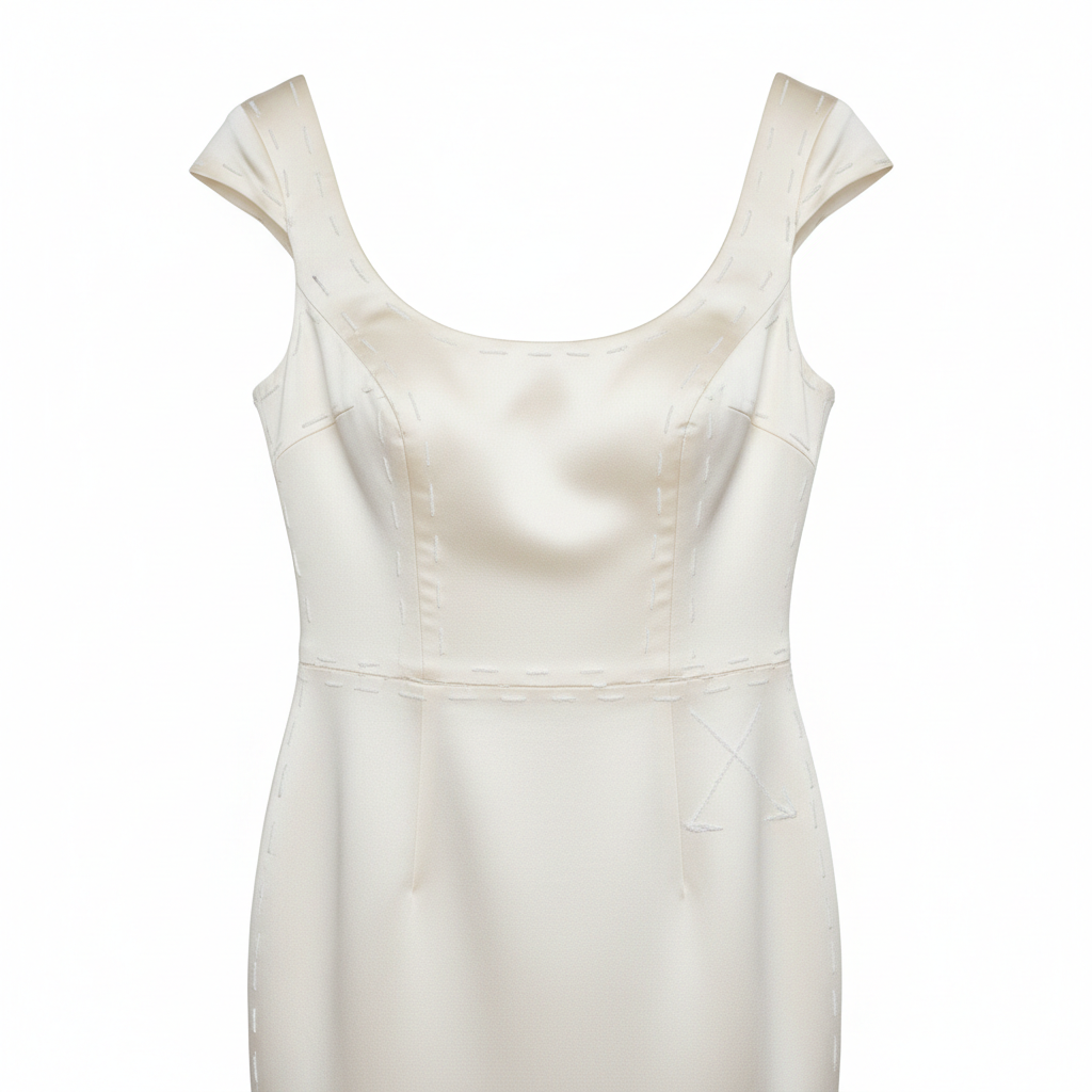Wedding dress with chalk alteration marks on ivory silk bodice