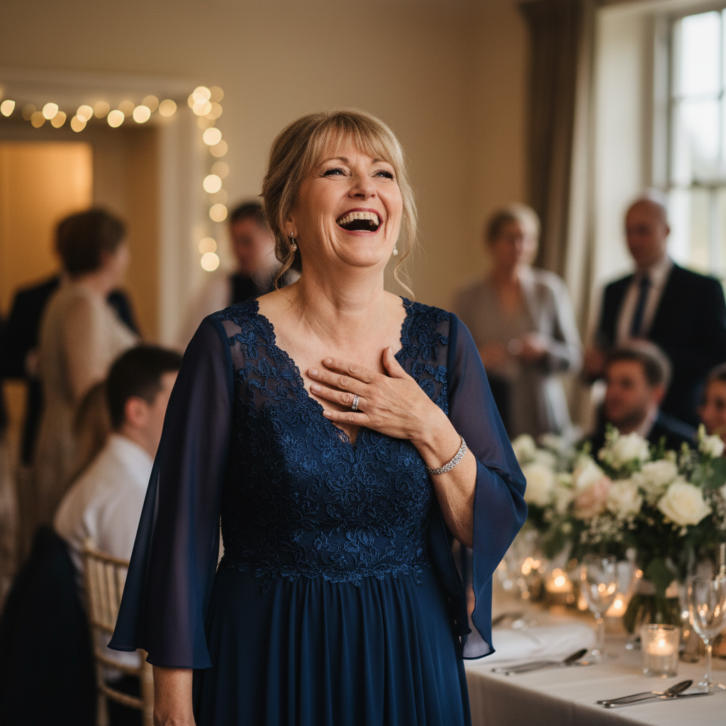 A woman in her late fifties in a deep navy gown laughing genuinely at her daughter's wedding reception, candid shot