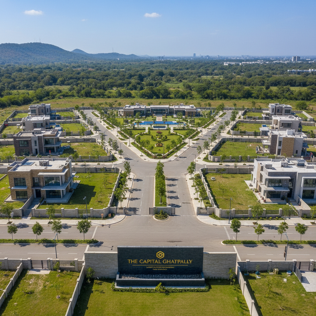 Aerial view of plotted development with wide roads and green spaces in Maheshwaram