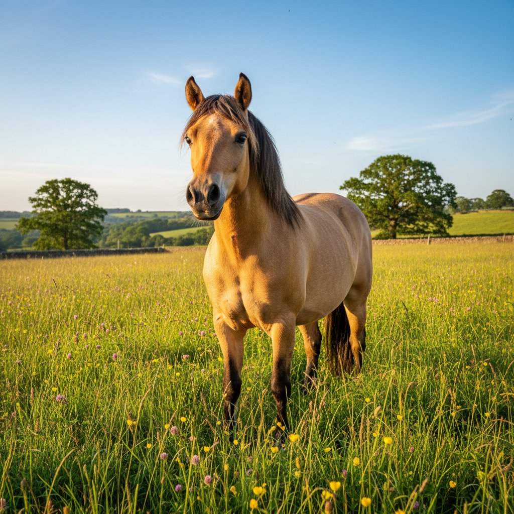 Dun Welsh pony in summer paddock, healthy and well-conditioned with bright eyes