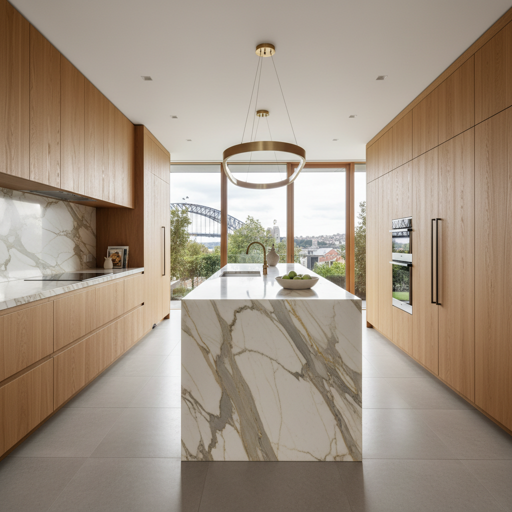 Yarex craftsmen working on a premium kitchen renovation with marble countertops and dark cabinetry