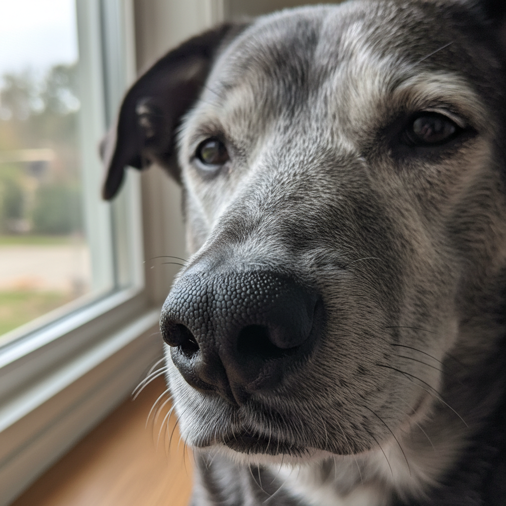 Close-up of Clementine's grey muzzle and the small notch in her left ear
