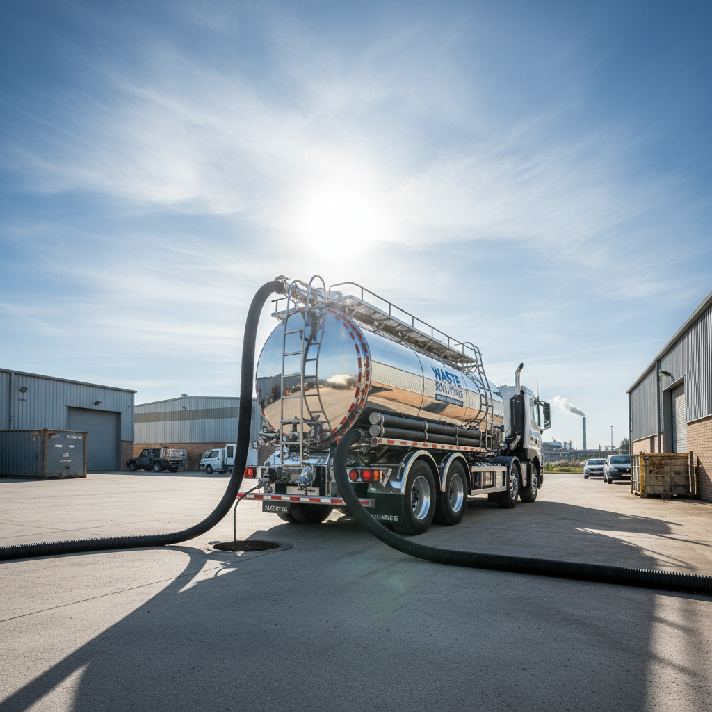 Large vacuum tanker truck parked at industrial estate for scheduled septic service